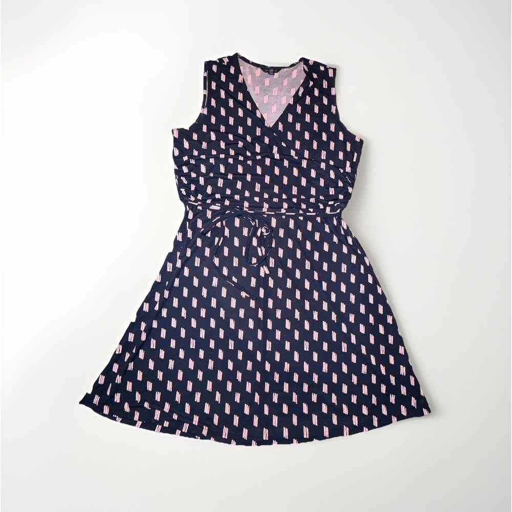 Land's End Faux Wrap Sleeveless Dress A-Line Navy Blue Pink Size LP Ruched‎ - Picture 1 of 6